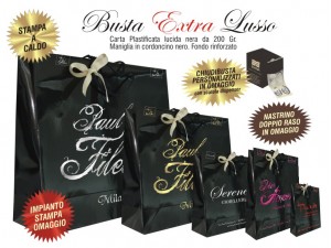 BUSTE IN CARTA LUSSO NERA PLASTIFICAZIONE LUCIDA EXTRA impianto stampa, chiudibusta e nastrino doppio raso omaggio 